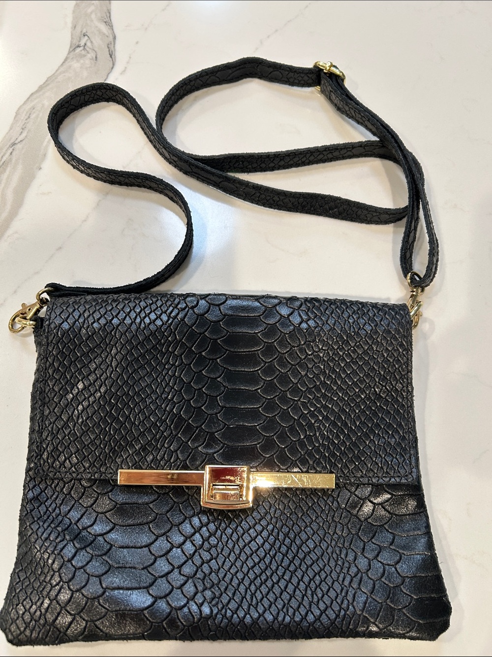 Sofia Cardoni Nero Italian Black Snake-Embossed Crossbody Bag